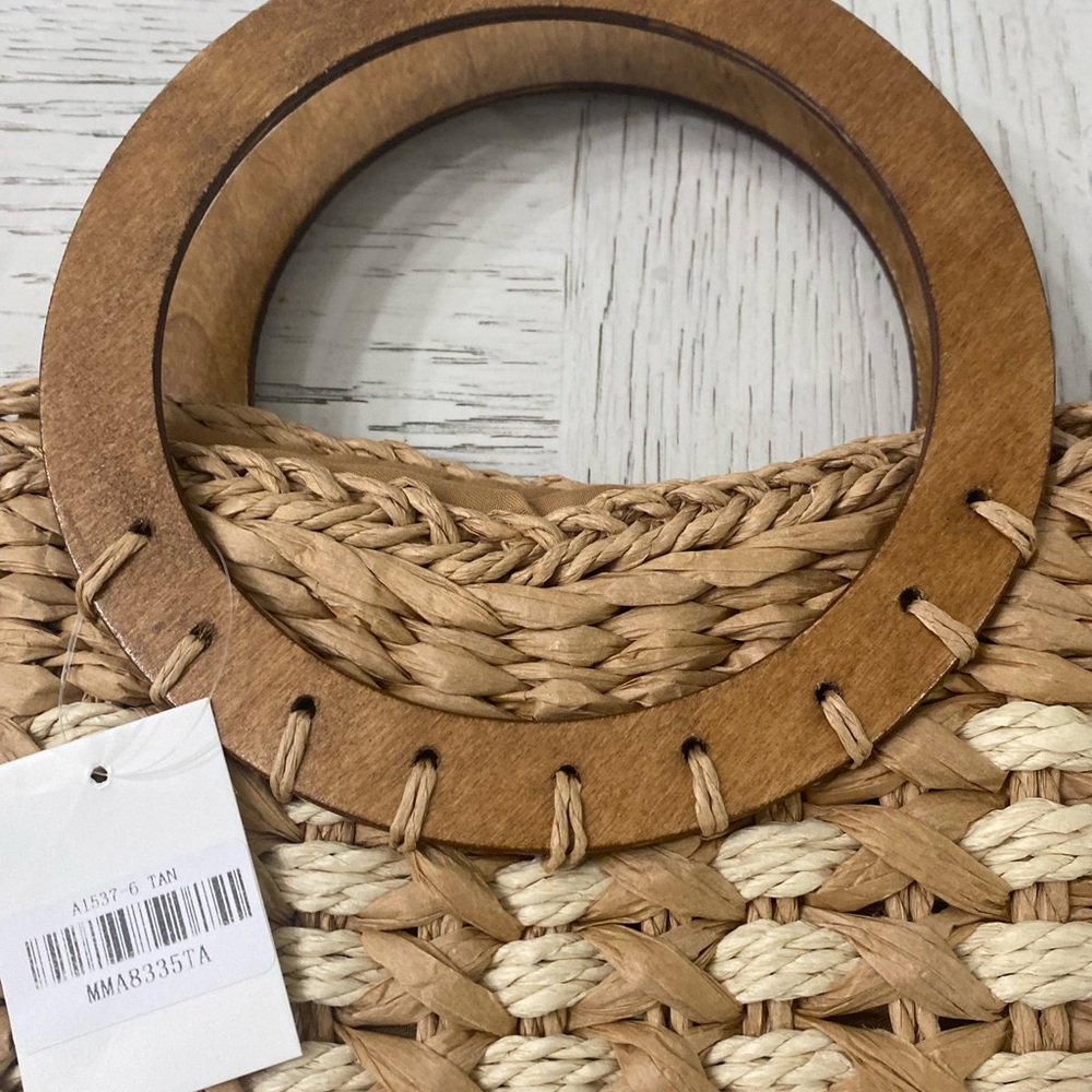 Boutique Tan & Cream Braided Woven Faux-Rattan Tote Clutch Handbag Wooden Handle - Picture 2 of 6